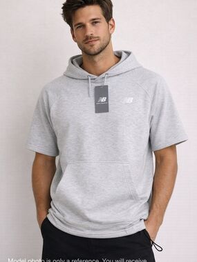 🆕 New Balance Short Sleeve Hoodie Gray Logo Pocket Men Size L